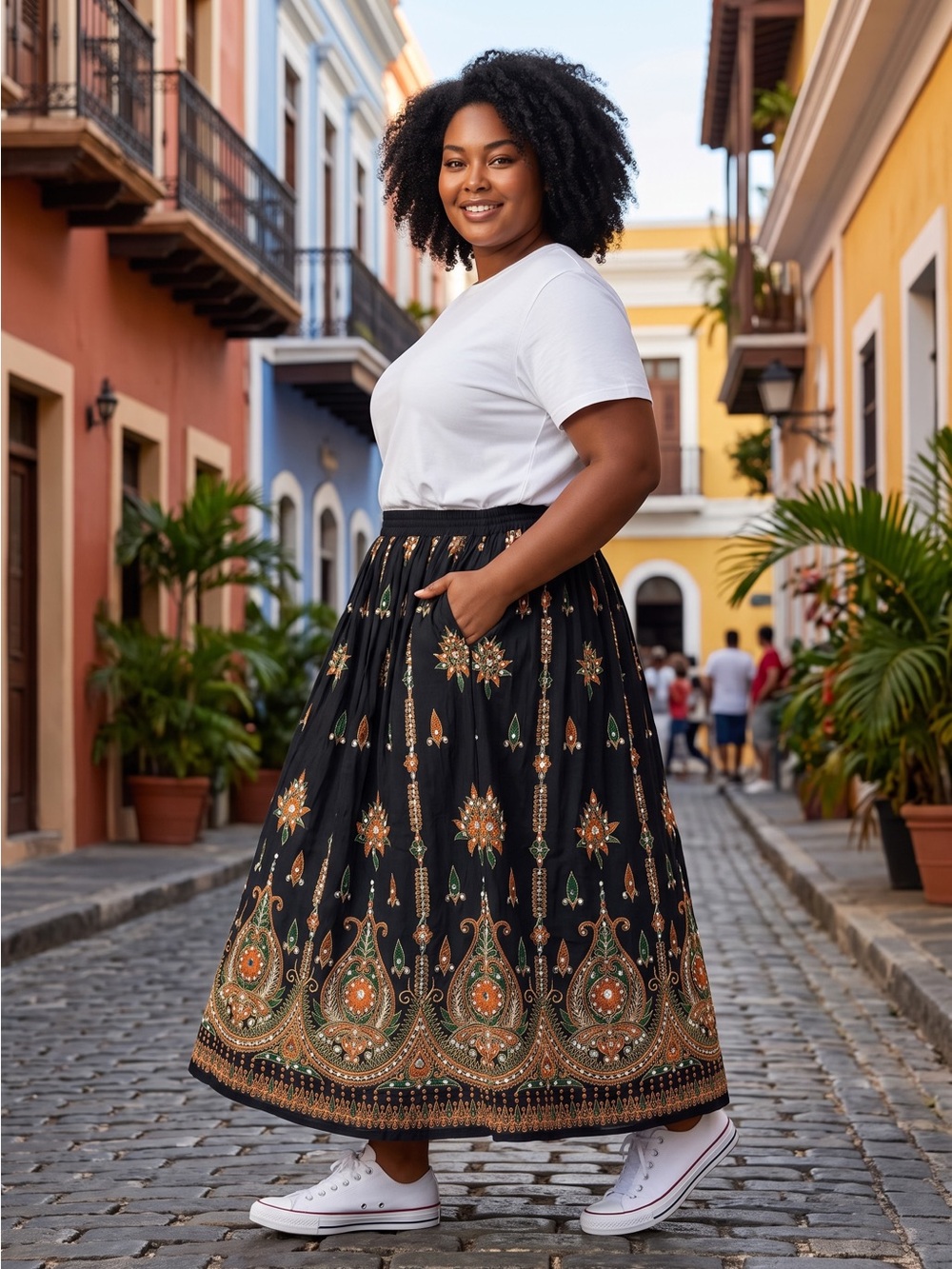 LK Collection Bohemian Black Maxi Skirt with Green & Orange Embroidery & Sequin